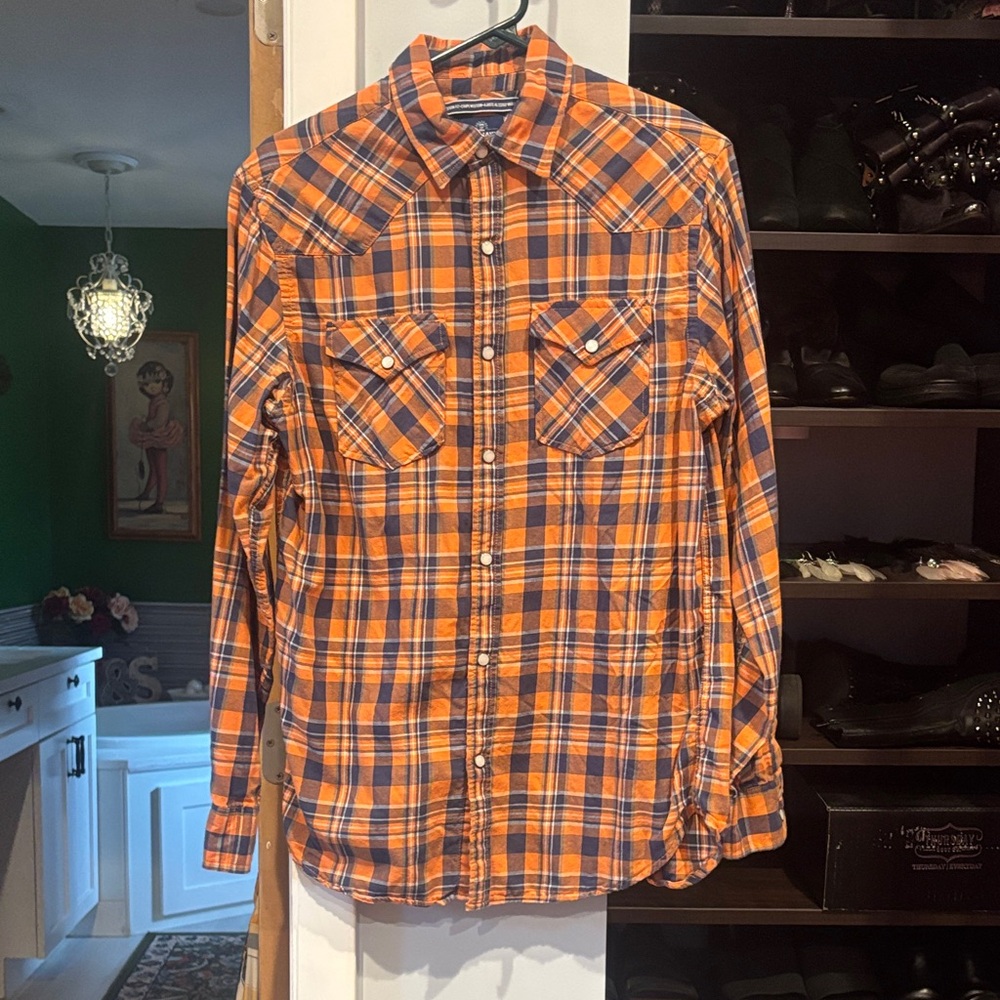 Old Navy Men's Long Sleeve Orange and Blue Plaid Western Shirt - Size Small